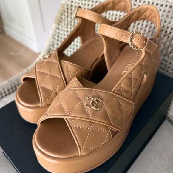 Authentic Chanel Gold Lambskin Platform Sandals - Picture 2 of 7